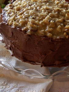 William's birthday cake, the oft-requested German Chocolate Cake that has become a house specialty!   